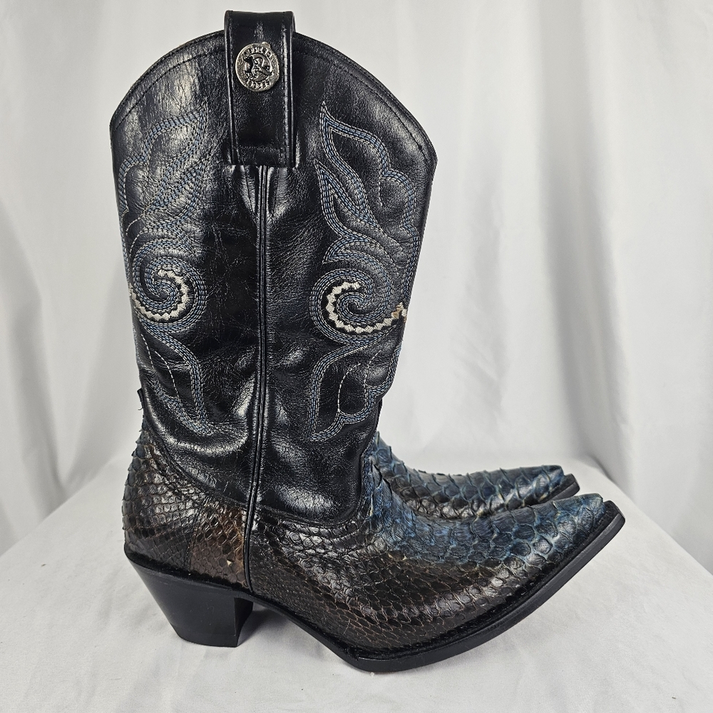 Women’s Rogers Boots Western Cowgirl Black Blue Leather Snakeskin Print SZ 8.5